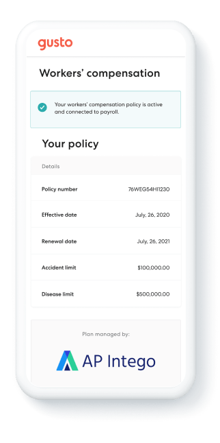 Gusto workers' compensation insurance integration with AP Intego