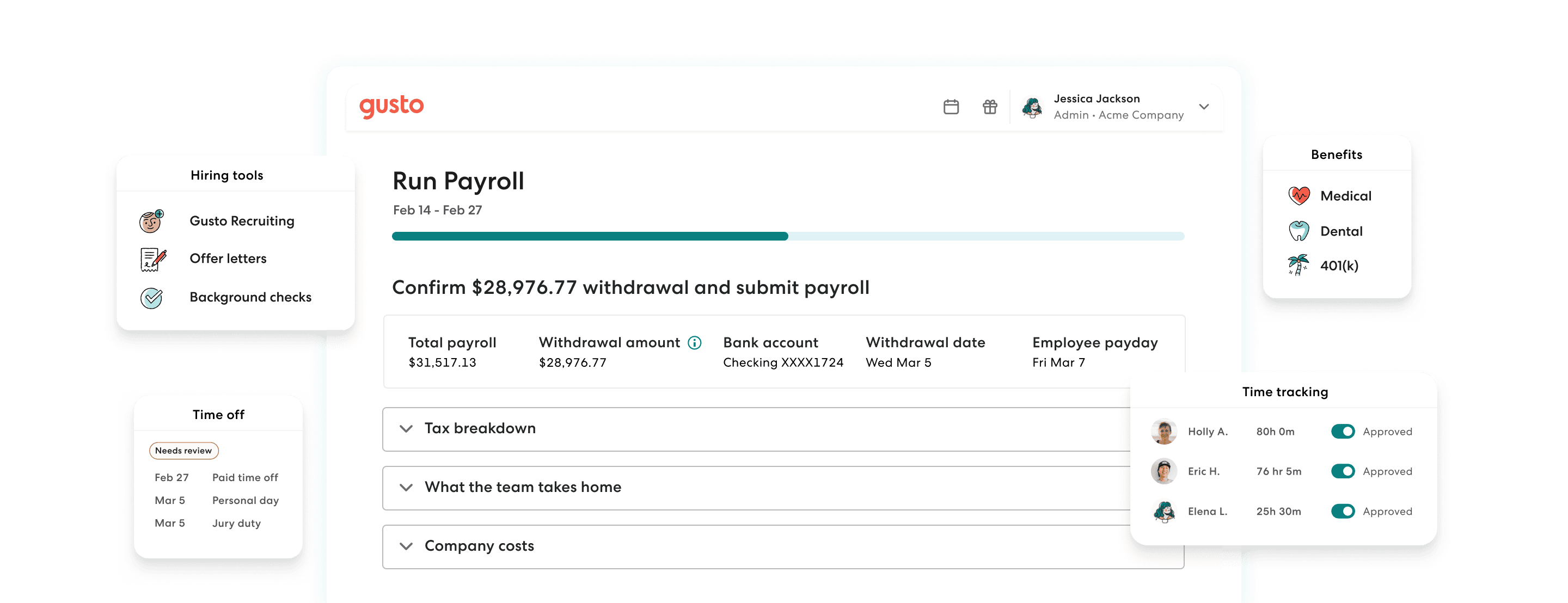 The Gusto small business interface, showcasing payroll, hiring tools, employee benefits, time off and time tracking.