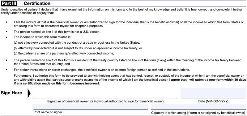 Part II of the W-8BEN form