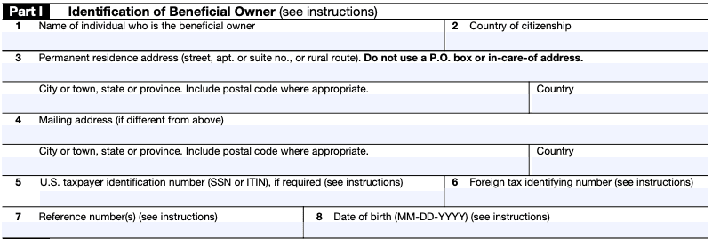 Part I of W-8BEN form